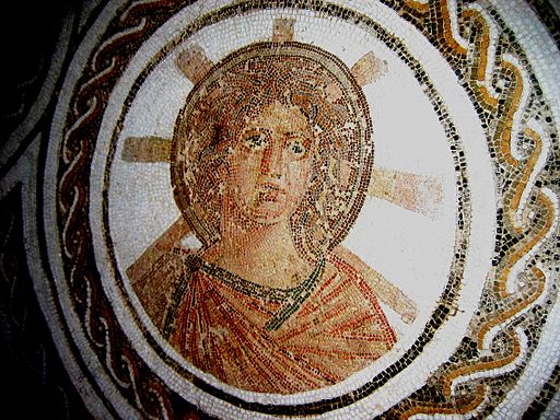 Picture of tile mosaic of Apollo, with halo and sun rays eminating from head