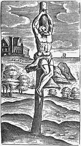 Engraving of man crucified on an upright stake with one nail through both hands.