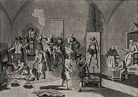 Engraving showing a priest supervising his scribe while men and women are suspended from pulleys, tortured on the rack, or burned with torches.