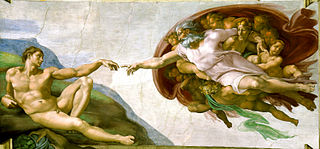 Detail of Michelangelo's Cistine Chapel ceiling painting of God giving life to Adam.
