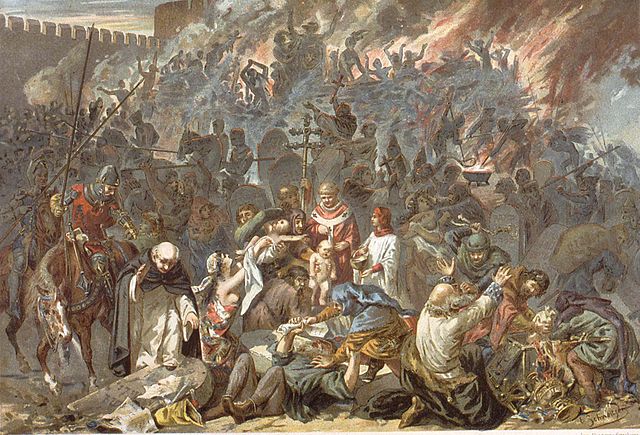 Painting of women, children, and old men being attacked and burned as Roman Catholic authorities look on.
