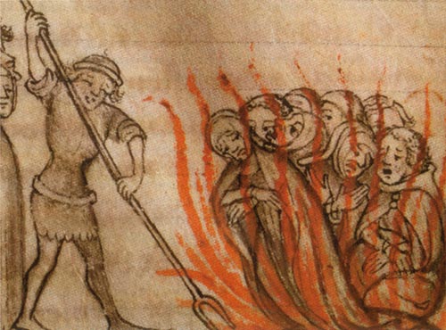 Painting of Templars engulfed in flames.