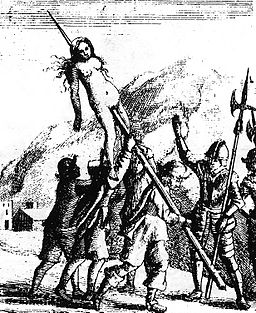 Print showing naked woman impaled on a stake.