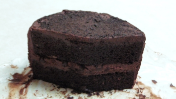 Photograph of dark brown cake with chocolate frosting.