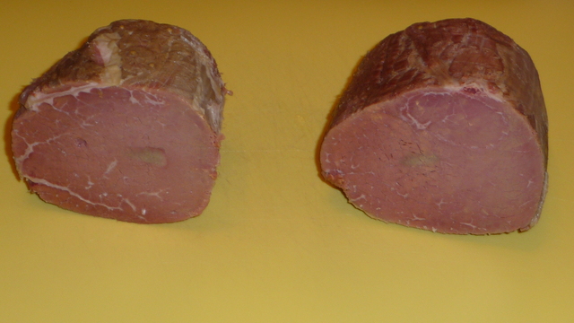 Two corned beef, showing tougher meat in quick cook.
